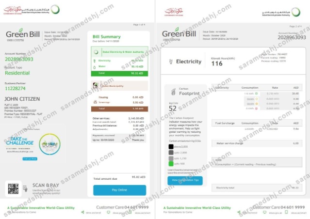 United Arab Emirates Dubai Electricity & Water Authority utility bill template in Word and PDF format (4 pages) 1 2
